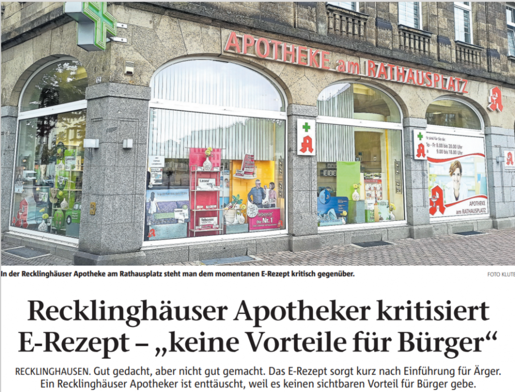 Ausschnitt des Artikels. Zu sehen ist ein Bild mit der Aussenansicht einer Apotheke und der Titel des Artikels