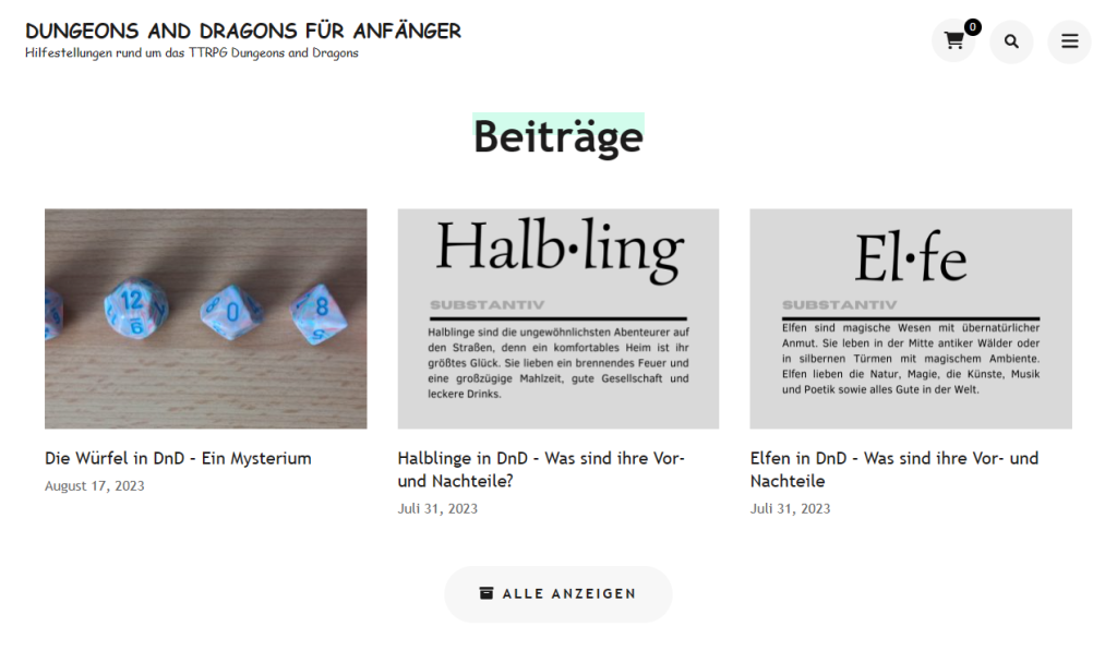 Beispielbild der Startseite von Dungeons and Dragons für Anfänger